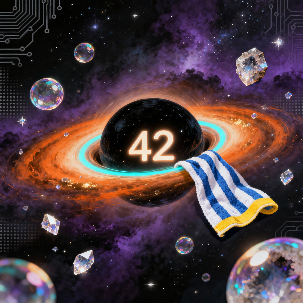Square cosmic illustration: black hole with 42, accretion disk, towel, soap bubbles and crystals in deep space