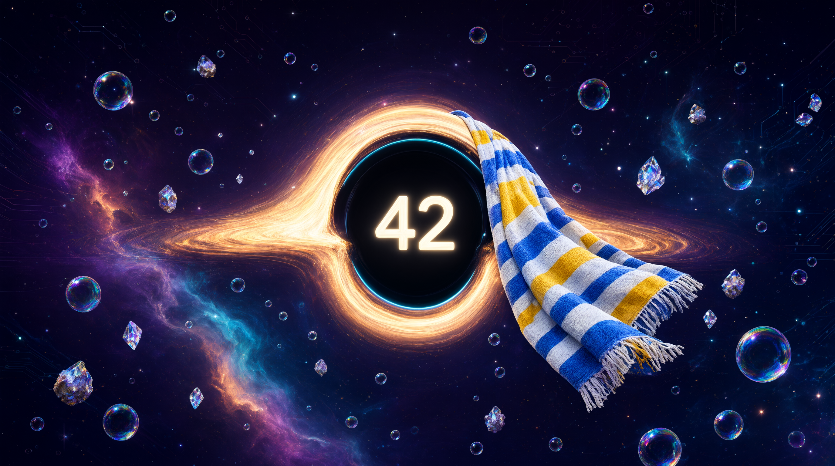 Wide cosmic illustration: black hole with glowing orange-gold accretion disk and cyan photon ring, faint 42 in the event horizon, striped Hitchhiker's towel cape, soap-bubble and geode sparkles in a void-purple starfield